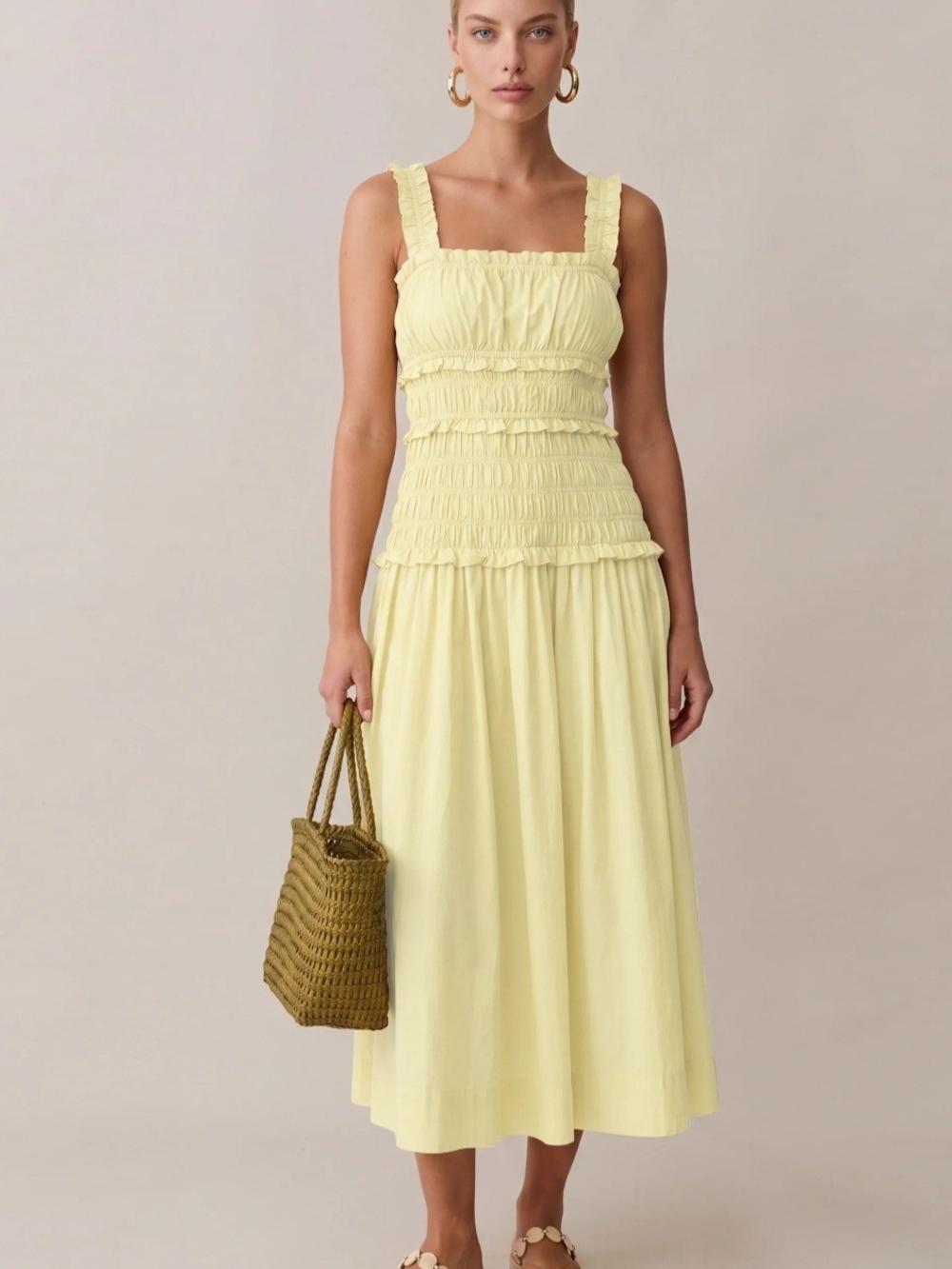Few Moda Smocked Square-Neck Midi Dress in Soft Yellow